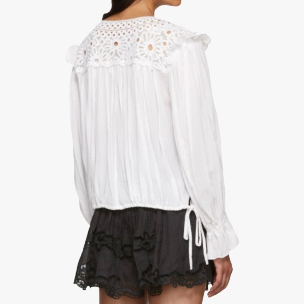 ISABEL MARANT | 100% COTTON EMBROIDERED WHITE ROMANTIC RUFFLE BLOUSE
